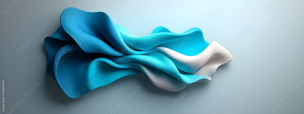 Poster sweeping luminescent digital waveforms in vibrant shades of azure and indigo undulating over a sleek
