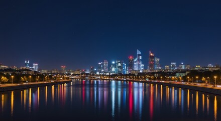 Night Cityscape Reflecting Vibrant Lights. AI Generated