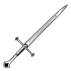 Schwert mit Kreuzgriff in klassischem Design, stilisierte Schwarz-Weiß-Zeichnung.