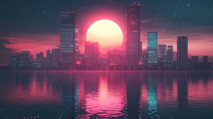 Retro futuristic night city concept. Cityscape isolated on a dark background with reflection in water, retro sun and vintage grunge textures. Vaporwave, Cyberpunk background. Vector illustration