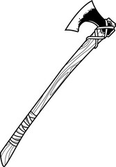 Kampfaxt mit Holzgriff und Metallklinge, traditionelle Waffe in Schwarz-Weiß gezeichnet.