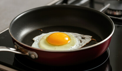 Fried egg cooking in non-stick pan on stovetop