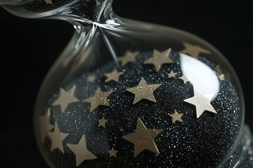 An hourglass filled with stars instead of sand, symbolizing time management and cosmic balance