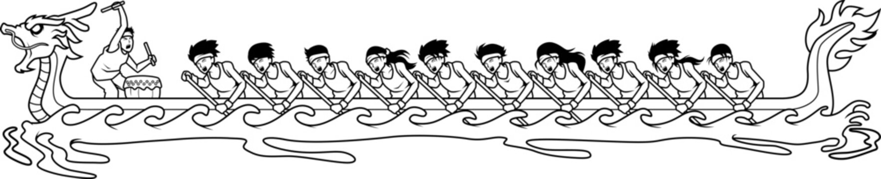 Traditionelles Drachenboot mit Ruderern, dynamische Darstellung eines asiatischen Wasserfestes.