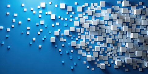 A blue wall with a series of small white squares of varying sizes scattered all over it, creating a visually appealing and modern composition , interior design, modern decor