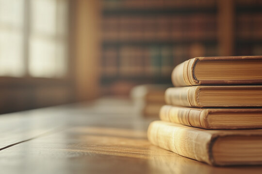 stack of vintage books with leather binding on wooden table in library with blurred bookshelves in background