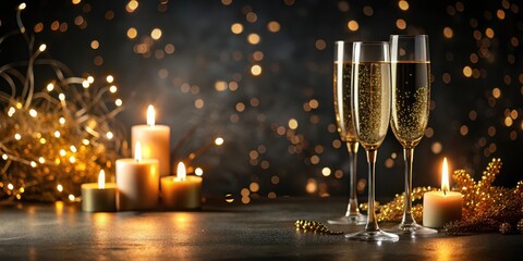 Luxurious evening ambiance with a sparkling candle and champagne on a dark background, elegant decor