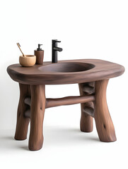 Rustic wooden bathroom vanity with organic sink, minimalist black faucet, and wooden accessories