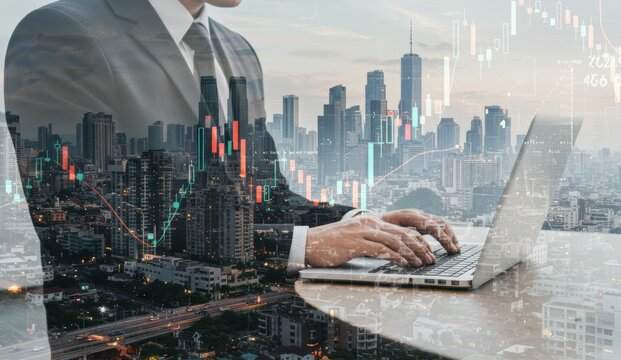 Asian businessman using laptop in financial analysis in New York City with stock market graphs. Themes include entrepreneurship.