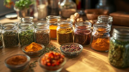 Variety of spices and herbs on kitchen table.