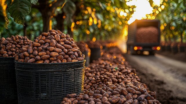 Sunset over cocoa grove with cargo truck transporting dried cocoa beans