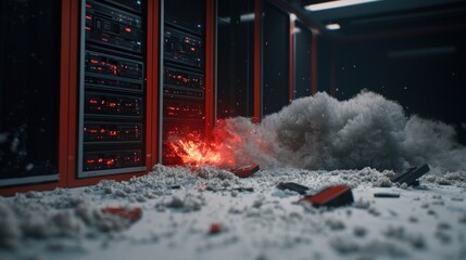 Dramatic scene of a server room explosion with debris and smoke, showcasing technology failure
