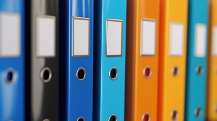 A close-up view of colorful office binders neatly arranged, showcasing a variety of bright colors and labels for organization, health info records management.