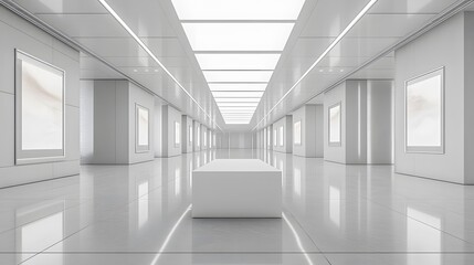 Obraz premium Minimalist white podium sits in empty gallery space, bathed in pure white light, casting soft shadows on glossy floor in modern exhibition hall.