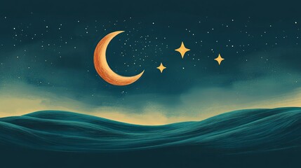Fototapeta premium Ramadan card featuring a dark crescent moon and three stars.