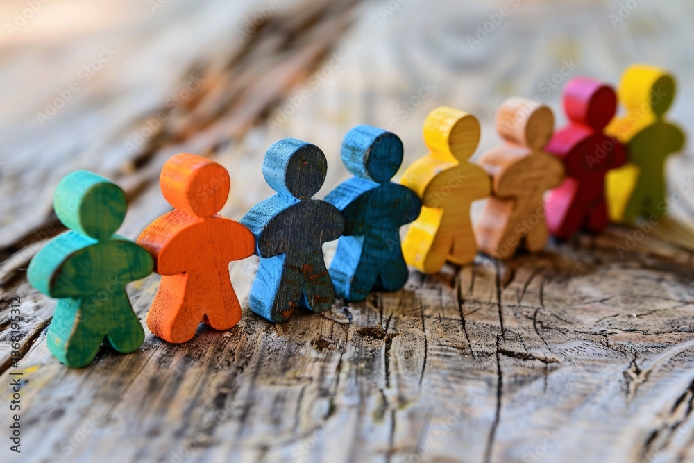 Poster colorful wooden figures lined up on a rustic surface, representing unity, diversity, and teamwork