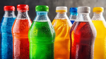 Plastic bottles of assorted carbonated soft drinks in variety of colors