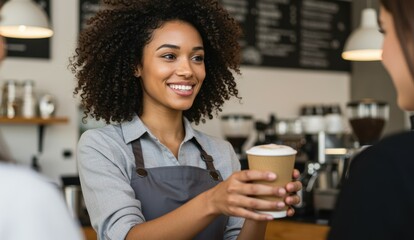 African American barista serving coffee in coffee shop. Warm lighting creates friendly atmosphere. Coffee culture.