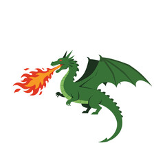 Green dragon breathing fire in a flat design style vector illustration
