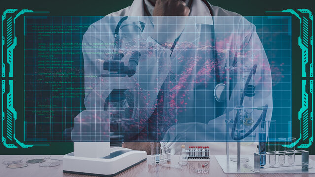 Doctor's desktop with holographic display showing virus research, microscope, test tubes and medicine on table.