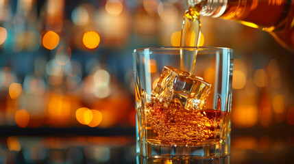 A glass of whisky with ice cubes in it is being poured