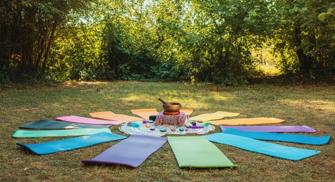 Outdoor meditation circle with colorful mats in lush green setting