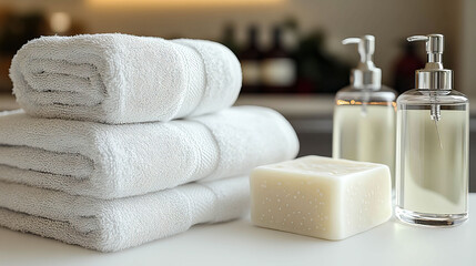 A white towel is stacked on top of another white towel. A bar of soap is sitting on top of the towels. A bottle of lotion is sitting next to the soap