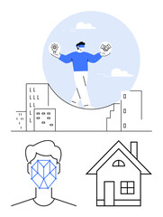 Person balancing gears and keys above cityscape, facial recognition overlay, house illustration. Ideal for innovation, technology, privacy, urban planning, smart homes security balance. Flat simple
