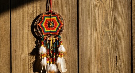 Colorful dreamcatcher on wooden background with feathers