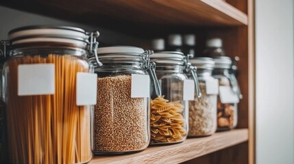 Glass jars filled with various pasta and grains on a wooden shelf