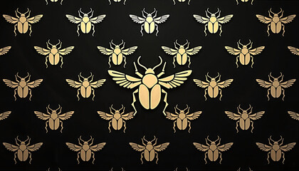 Golden Beetles Pattern on Black Background  