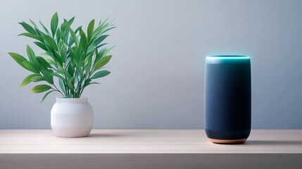 Obraz premium Modern Smart Speaker with a Plant on a Minimalist Wooden Table