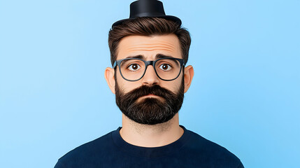 Sad man with glasses and tiny hat on head against blue background