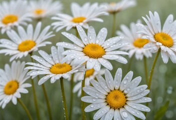 Fototapeta premium Fresh daisies with dew droplets in a serene garden setting 