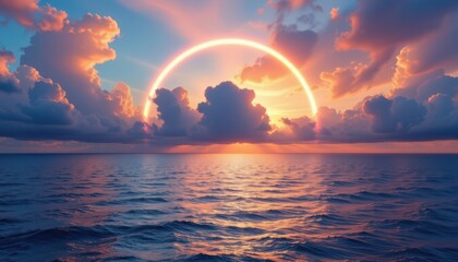 Fantasy Ocean Horizon Generate a fantastic ocean view where colorful clouds meet the horizon, framed by a radiant ring that reflects on the water, blending reality and fantasy.