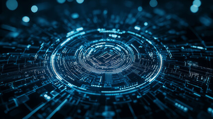 abstract tech background with neon-lit circuit boards, wires, and microchips, set against a dark, gradient blue background.