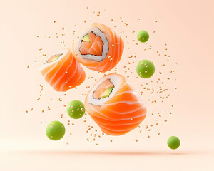 Salmon avocado sushi rolls levitate against a peach background, sprinkled with sesame seeds and wasabi peas