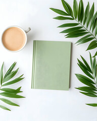 Sage green notebook, coffee, palm leaves on white background