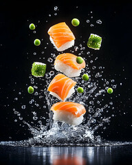 Salmon sushi pieces, peas, and seaweed cubes levitate in water splash against black background