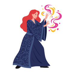 Woman casting colorful magic spells in detailed flat style vector art