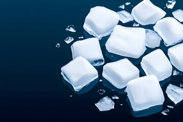 Scattered ice cubes on dark background; some cracked