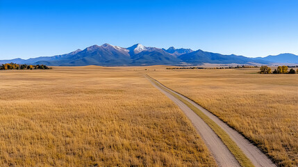 Scenic autumn road leading to snow-capped mountains across a vast golden field under a clear blue sky