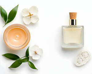 Scented candle, perfume, flowers, and soap on white background