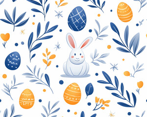 Seamless Easter pattern with bunny, eggs, and foliage