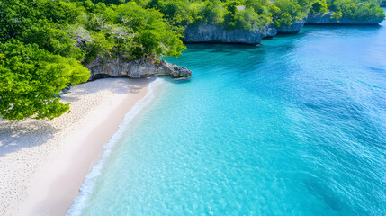 Secluded tropical beach with crystal-clear turquoise water and lush green foliage