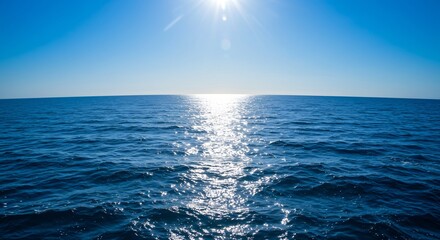 Fototapeta premium Bright sun glints brilliantly on calm blue ocean. AI Generated