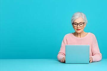 Senior woman using laptop, sitting at a blue table against a blue background