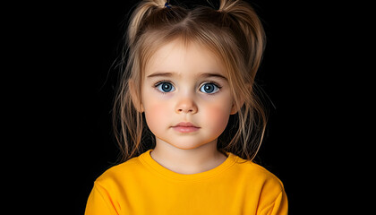 Portrait of a toddler girl with pigtails, wearing a yellow shirt, against a black background