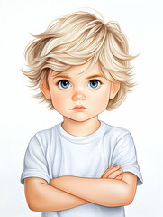 Portrait of a toddler boy with blond hair and blue eyes, arms crossed, looking serious