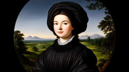 Portrait of a young woman in a black dress against a pastoral landscape
